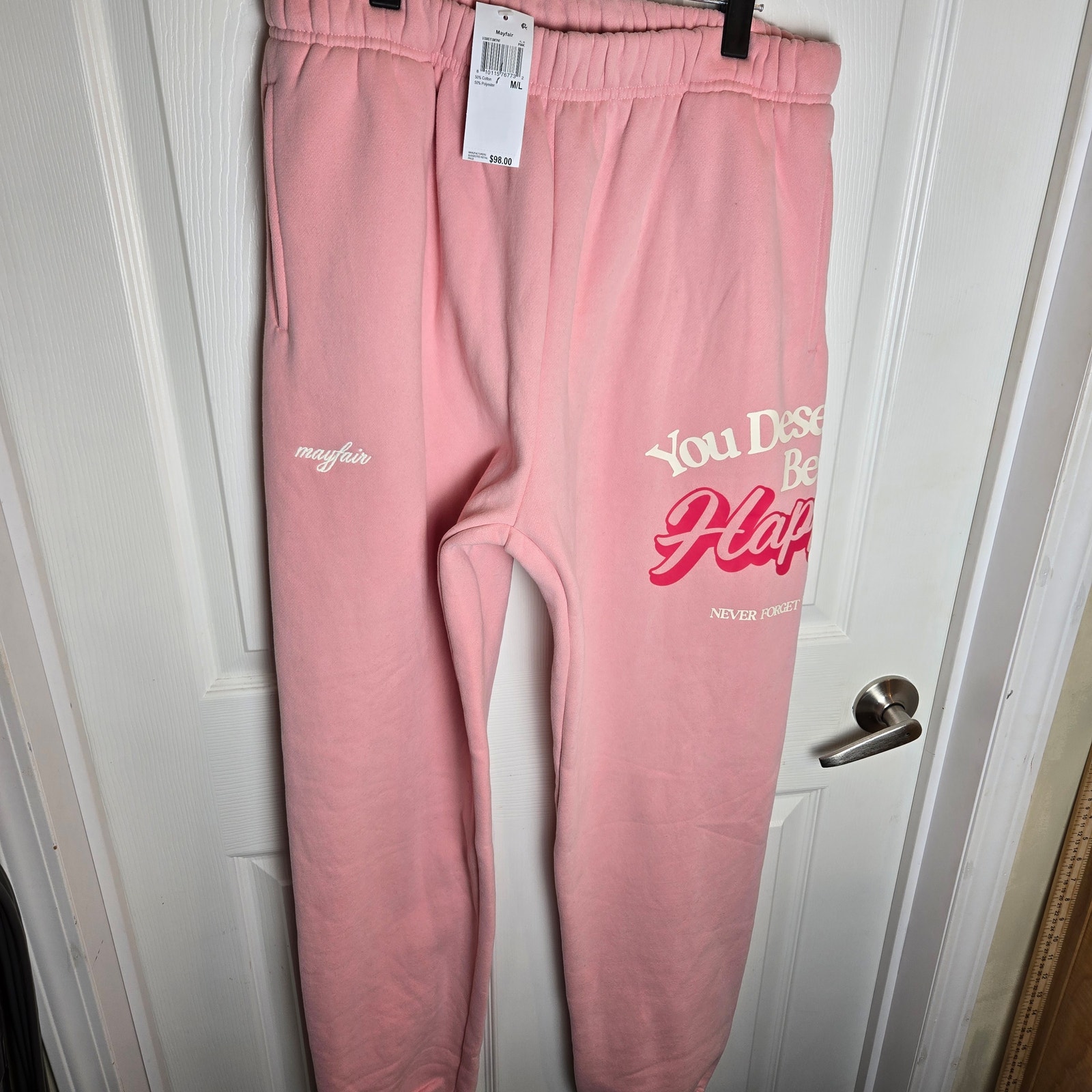 Mayfair Group Pink Joggers Embroidered Logo You Deserve To Be Happy Nwt Sz M/L — image 6 of 6